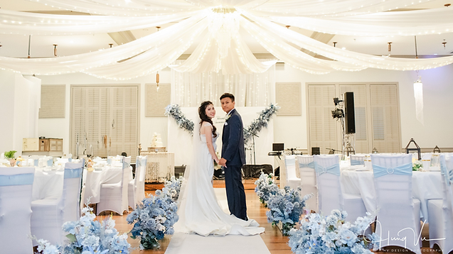 Bride and Groom in Decorated Ballroom at Bedford Event Center